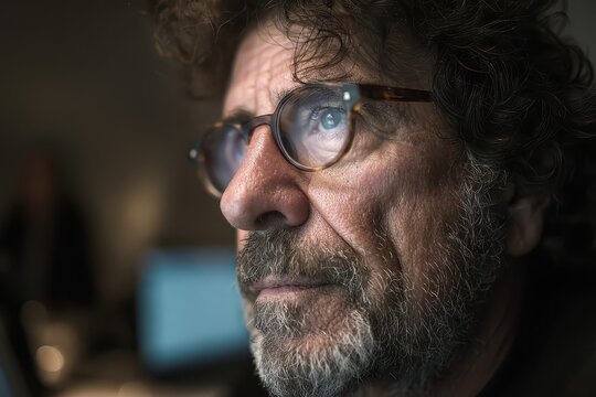 Close-up profile of a thoughtful mature man with glasses reflecting a digital screen, deeply focused. - Powered by Adobe