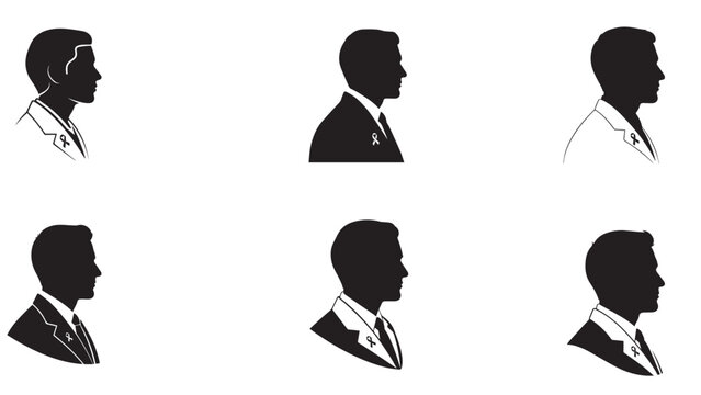 Doctor profile silhouette with ribbon lapel pin, clean black awareness icon for lung cancer support, healthcare campaigns, and medical advocacy