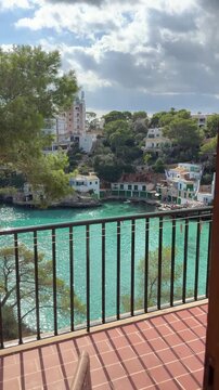 Cala Santanyi bay on Mallorca island in Spain panoramic view from hotel room balcony.