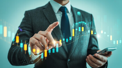 Businessman analyzes stock market data with a smartphone and interactive financial charts for investment decisions and strategic business planning
