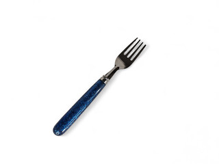 Stylish Fork with Blue Glitter Handle on White Background