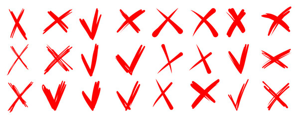 Brush stroke X cross mark and checkmark. Hand drawn Doodle brush cross, ban, refusal. Marker sketch. Highlighting text and important objects.  Stock vector illustration isolated on white background.