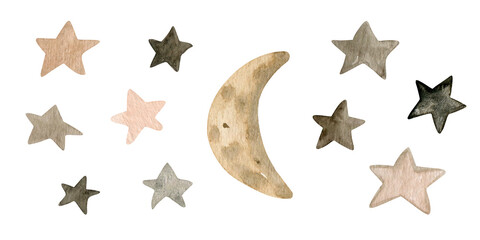 Obraz premium Cute watercolor set of moon and beige, brown stars illustrations for cards, invitations, posters, stickers, prints.Vintage elements for your design.