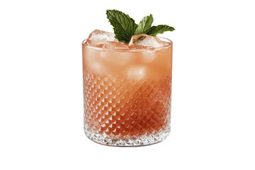 Orange cocktail with ice, mint garnish, patterned glass
