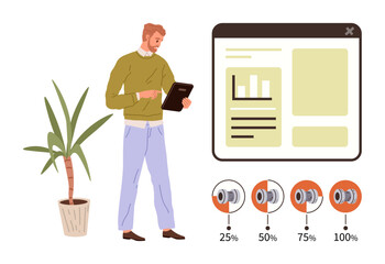 Man using tablet next to web analytics interface, bar chart, volume control levels, and plant. Ideal for data analysis, productivity, growth, technology, sound management simple flat metaphor