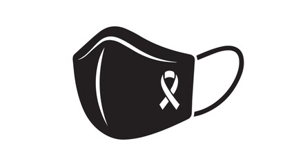 Protective mask with small ribbon tab, minimal black safety icon for prevention, clinic signage, and public health campaigns