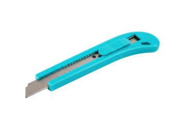 Isolated box cutter with sharp blade, blue casing for cutting paper, cardboard and more