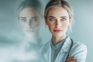 Confident female physician with striking blue eyes, freckles, and white coat.