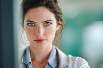 A confident female doctor with striking eyes and a white lab coat.