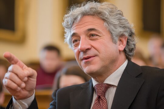 Dynamic portrait of a senior man gesturing with purpose in a formal setting.