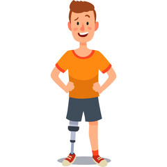 Smiling Young Man With Prosthetic Leg Wearing Orange T Shirt and Blue Shorts Standing Against a White Background Full Body Portrait