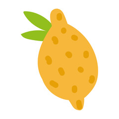 Single Yellow Lemon Fruit With Green Leaves On Transparent Background Simple Organic Drawing