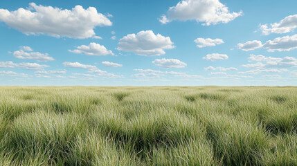Lush grass plains under bright blue sky with fluffy clouds create serene and calm atmosphere
