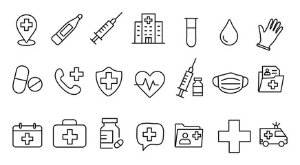 Medical Healthcare Line Icon Set — Stethoscope, Syringe, Pill, Medicine, Heart, Ambulance, Hospital, Blood Test, Telehealth, Thin Linear Vector Illustration