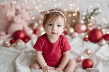 Cute baby wearing red amidst twinkling holiday lights and decorations, creating a warm and joyful festive atmosphere.