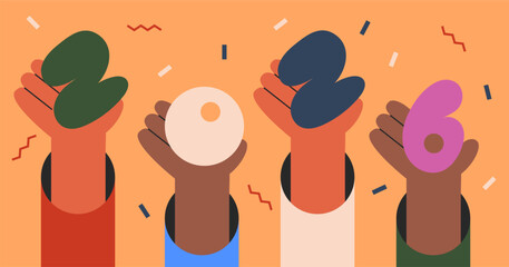 Happy New Year 2026 Banner with Diverse Hands Holding Numbers. Teamwork and Celebration Concept. Vector Illustration.