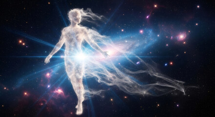 Abstract female spirit ascending cosmic space. Essence of soul in universe. Spiritual awakening, nirvana, out of body experience for relaxation video.
