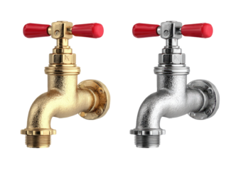 Two metallic faucets side-by-side, one gold-toned, one silver, both with red handles