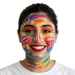 Obraz premium Vibrant young woman with joyful expression and colorful face paint radiates creativity and artistic passion