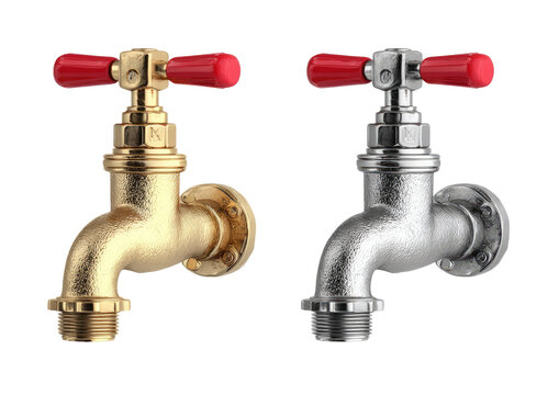 Two metallic faucets side-by-side, one gold-toned, one silver, both with red handles
