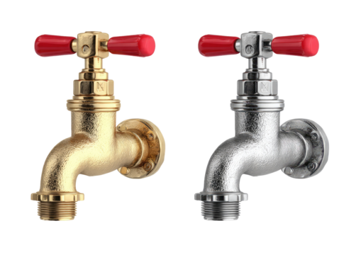 Two metallic faucets side-by-side, one gold-toned, one silver, both with red handles