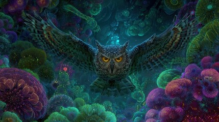 Owl with vibrant coral reef background