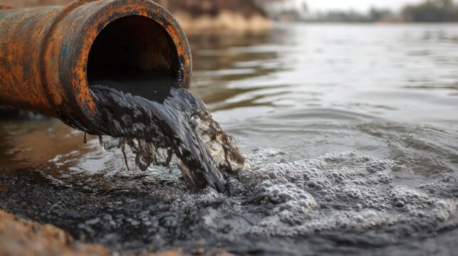 Polluted water pours from a rusty pipe into a body of water, creating foam