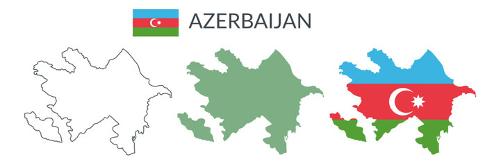 Azerbaijan country geographical borders isolated on white background. Flag of Azerbaijan. Vector flat cliparts.