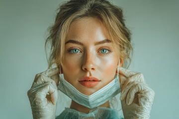 Female healthcare worker adjusting her surgical mask, wearing gloves, with piercing blue eyes.
