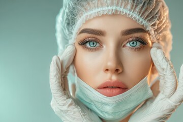 Close-up portrait of a professional woman in uniform with blue eyes and mask.