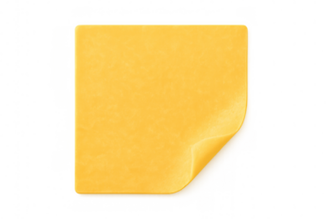 Processed cheese slice with a curled corner, presenting a square yellow dairy food on transparent background
