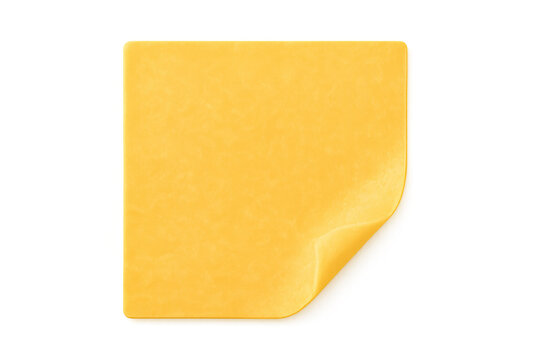 Processed cheese slice with a curled corner, presenting a square yellow dairy food on transparent background