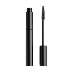 Sleek black mascara tube with opened wand and brush, isolated on a black background