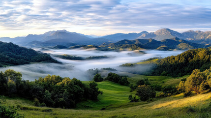 Fototapeta premium Soft mist over hills in twilight light creates poetic visual of serene landscapes