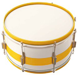 Isometric view of a bright white and yellow drum with a taut, reflective surface