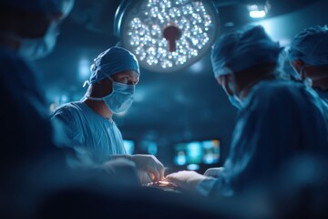 Focused medical team performing complex surgery in modern operating room.