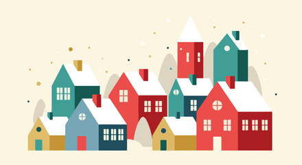 Naklejka premium Charming winter village scene with colorful houses and snow-covered rooftops, a cozy holiday town flat vector illustration