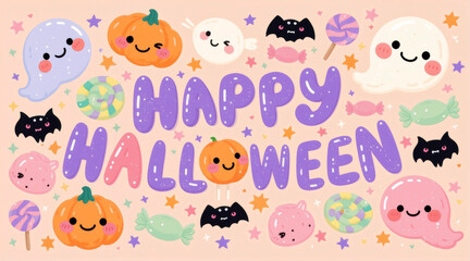 Fototapeta premium Cartoon Halloween Scene with Cute Monsters and Candy in Pastel Colors