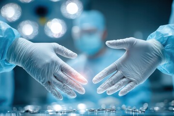 Gloved hands reaching, symbolizing medical collaboration and care innovation.