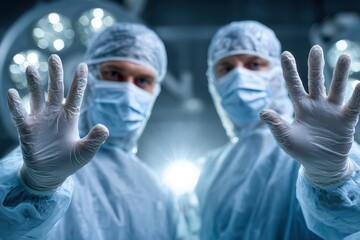Two healthcare professionals in masks and gloves raising hands for safety.
