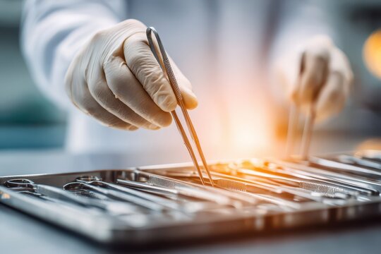 Doctor's gloved hand holds surgical tweezers above sterile medical instruments.