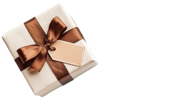 Square gift box with a brown ribbon and blank tag on a plain white background