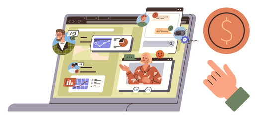 Laptop screen with video calls, analytics, chat, graphs, and contacts. Ideal for teamwork, remote work, financial management, business growth communication productivity simple flat metaphor