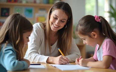 Obraz premium A kind female teacher spends time with her elementary school students, making learning enjoyable and fun while sparking curiosity and fostering a love for education. High quality