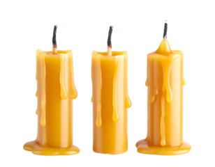 Three extinguished candles, with dripping wax, isolated on a black background
