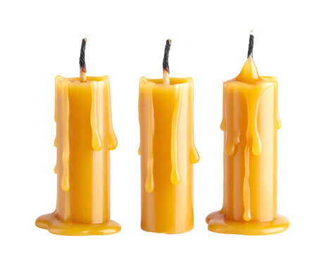Three extinguished candles, with dripping wax, isolated on a black background