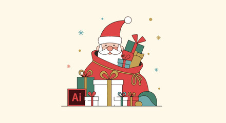Flat vector illustration of Santa Claus holding a large red sack full of Christmas gifts and presents