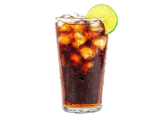 Iced dark drink, clear glass, lime wedge, condensation