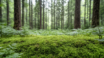 Obraz premium Soft moss carpet in deep forest creates meditative atmosphere, inviting tranquility and peace