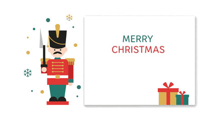 A charming flat vector illustration of a Christmas toy soldier nutcracker on a festive holiday greeting card template